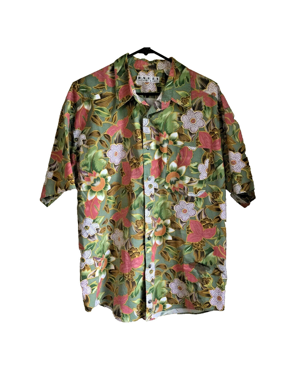 BASIX Fenn Wright & Mason Mens Floral Button Down Shirt Green Hawaiian L
